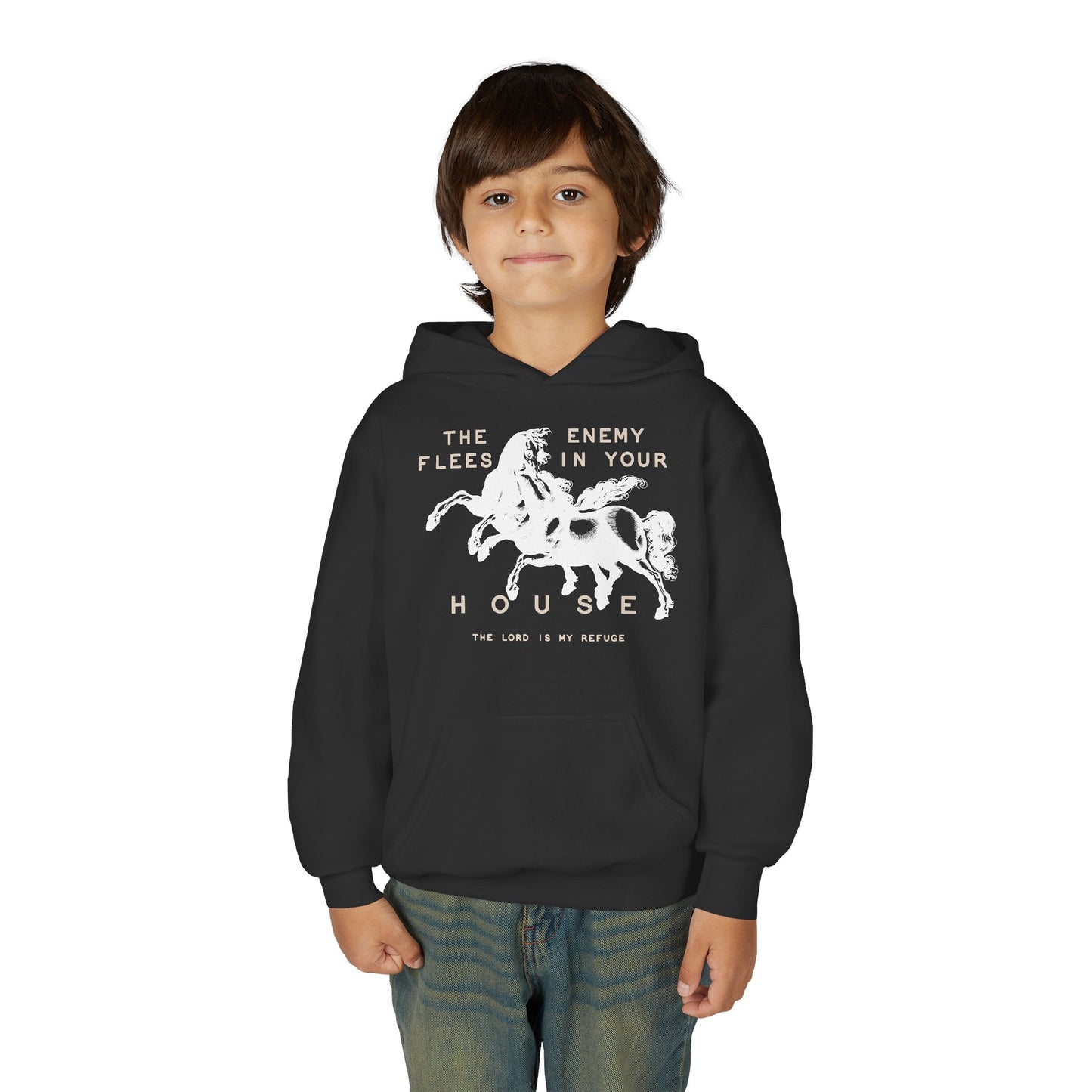 Youth Hoodie — "The Enemy Flees in Your House" Graphic Horse Pullover