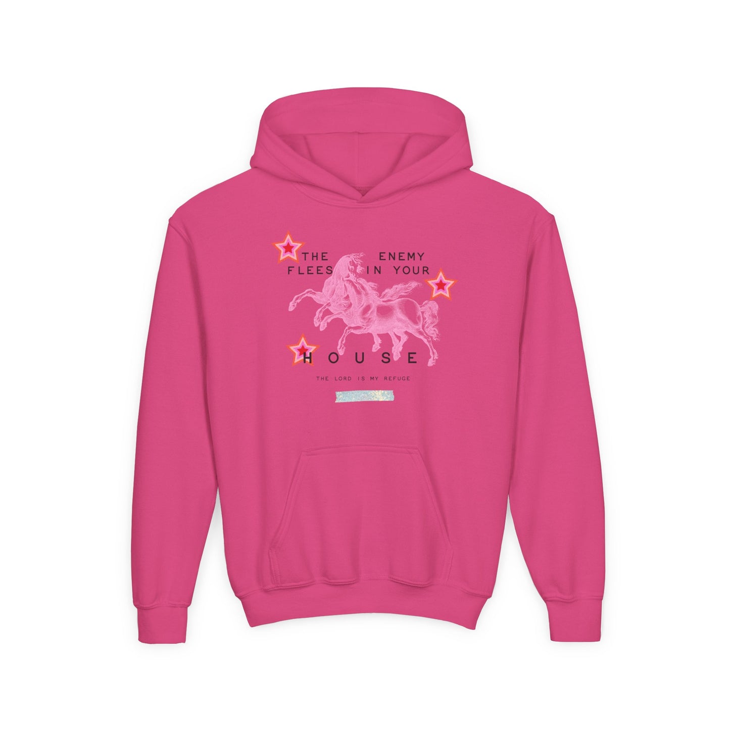 Youth Hoodie - 'The Enemy Flees in Your House' Pink Cowboy Graphic