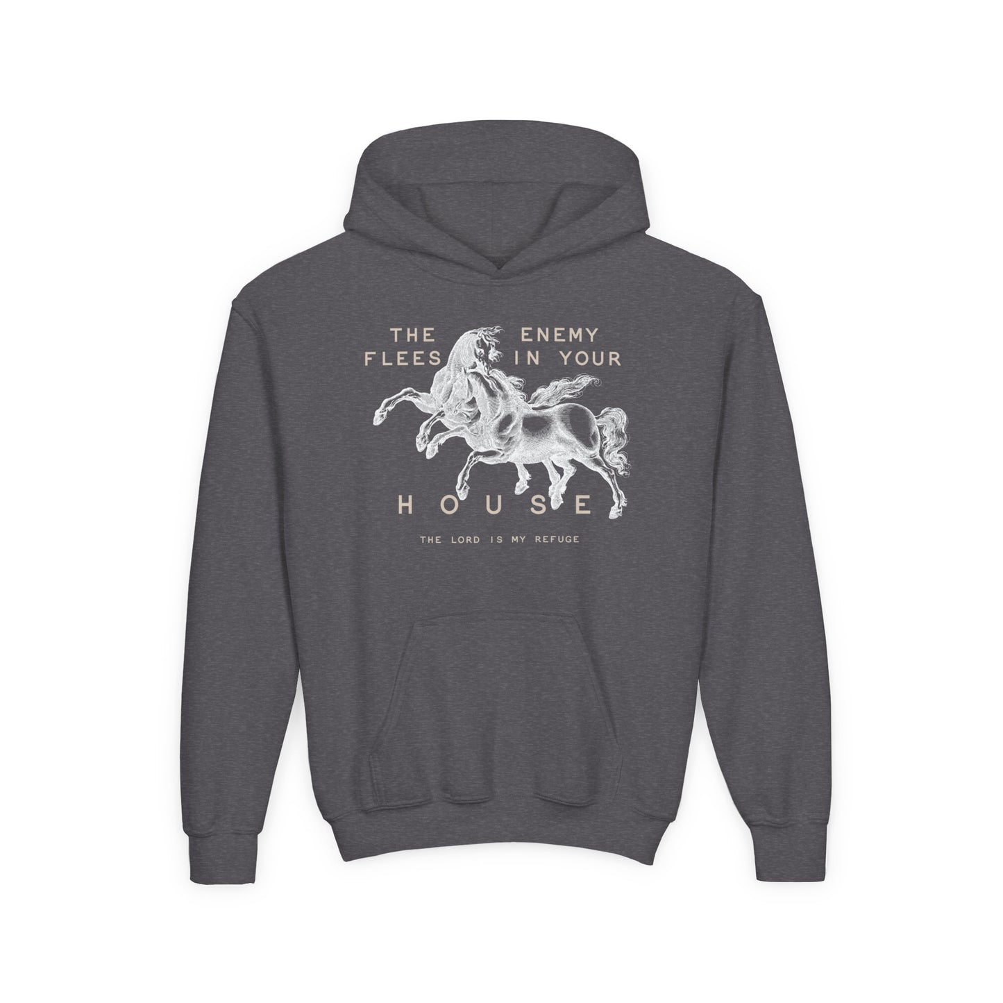 Youth Hoodie — "The Enemy Flees in Your House" Graphic Horse Pullover