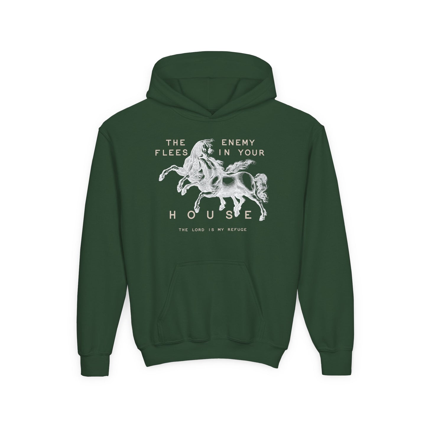 Youth Hoodie — "The Enemy Flees in Your House" Graphic Horse Pullover