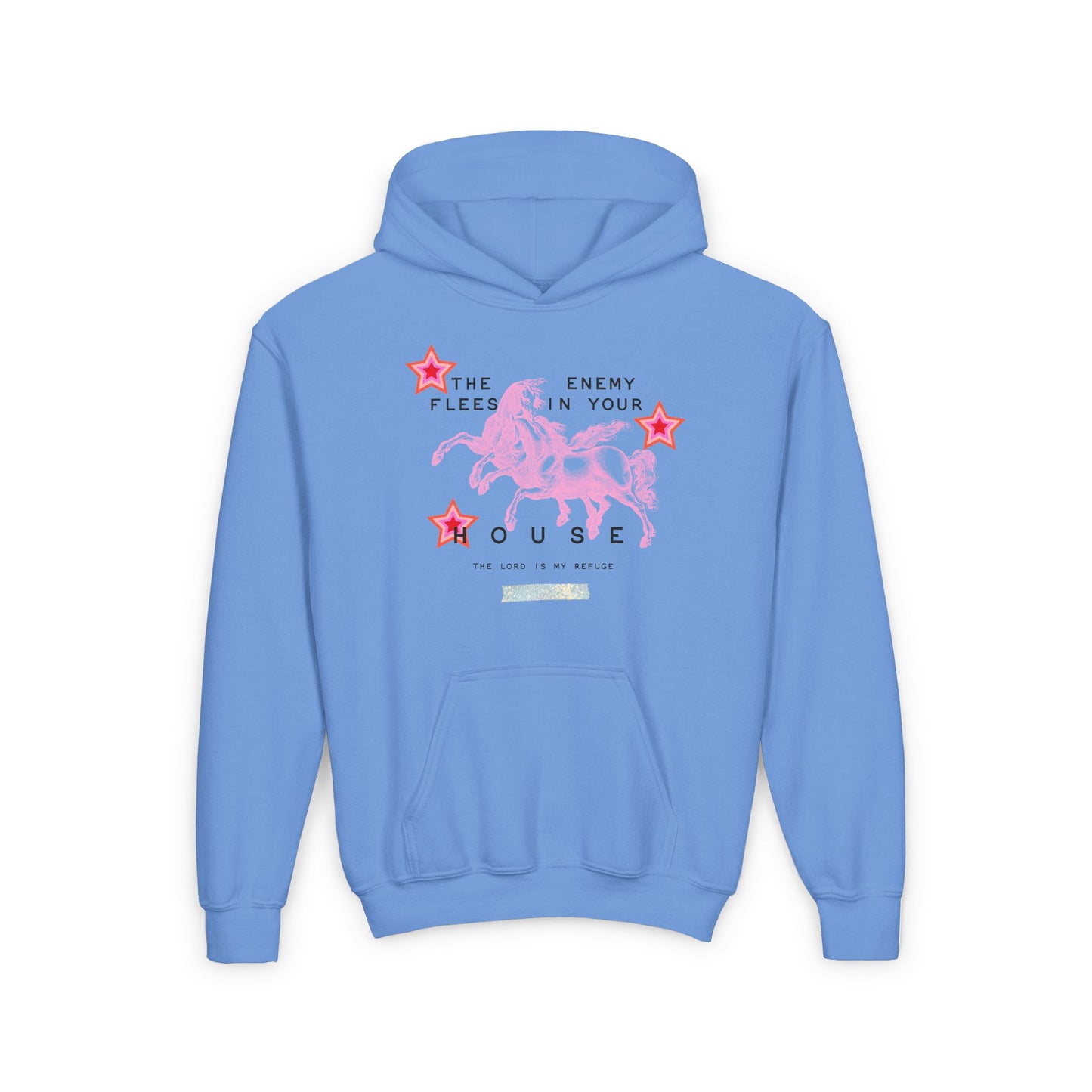 Youth Hoodie - 'The Enemy Flees in Your House' Pink Cowboy Graphic
