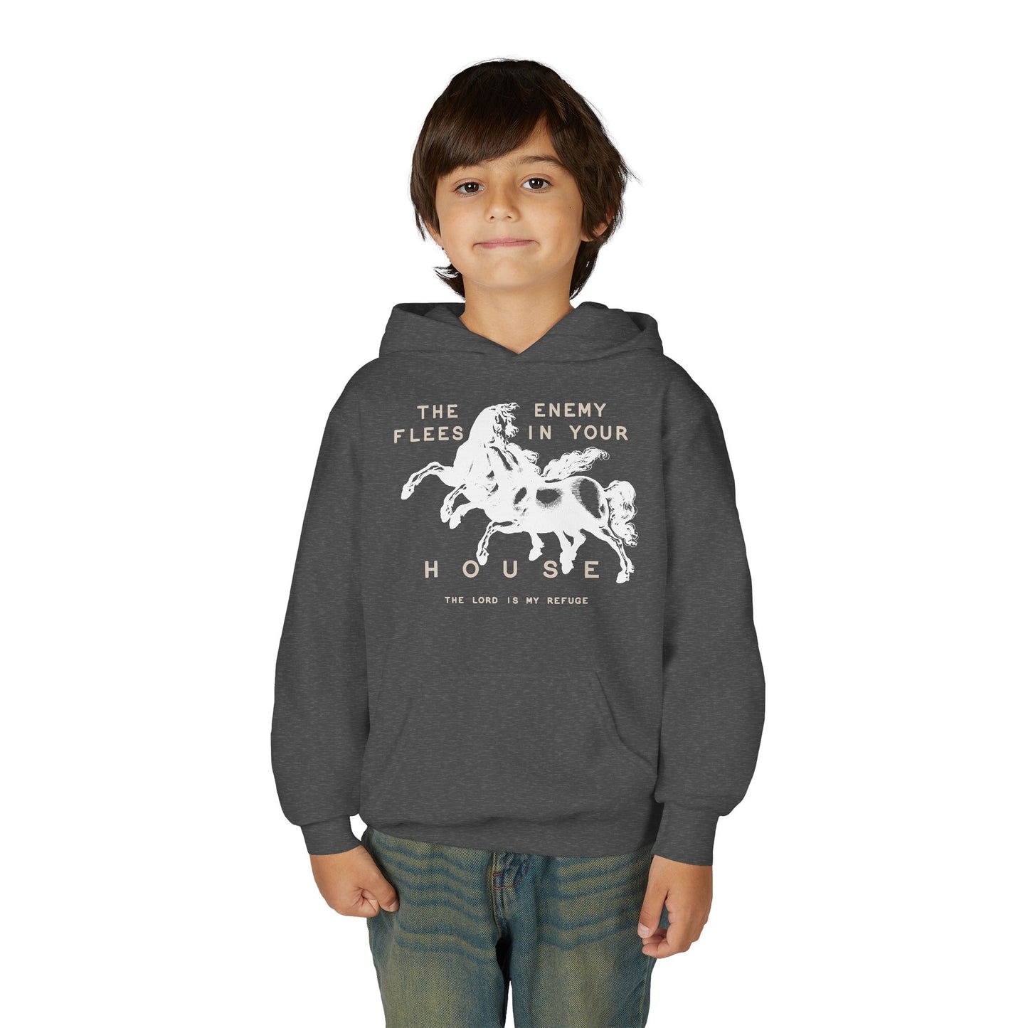Youth Hoodie — "The Enemy Flees in Your House" Graphic Horse Pullover
