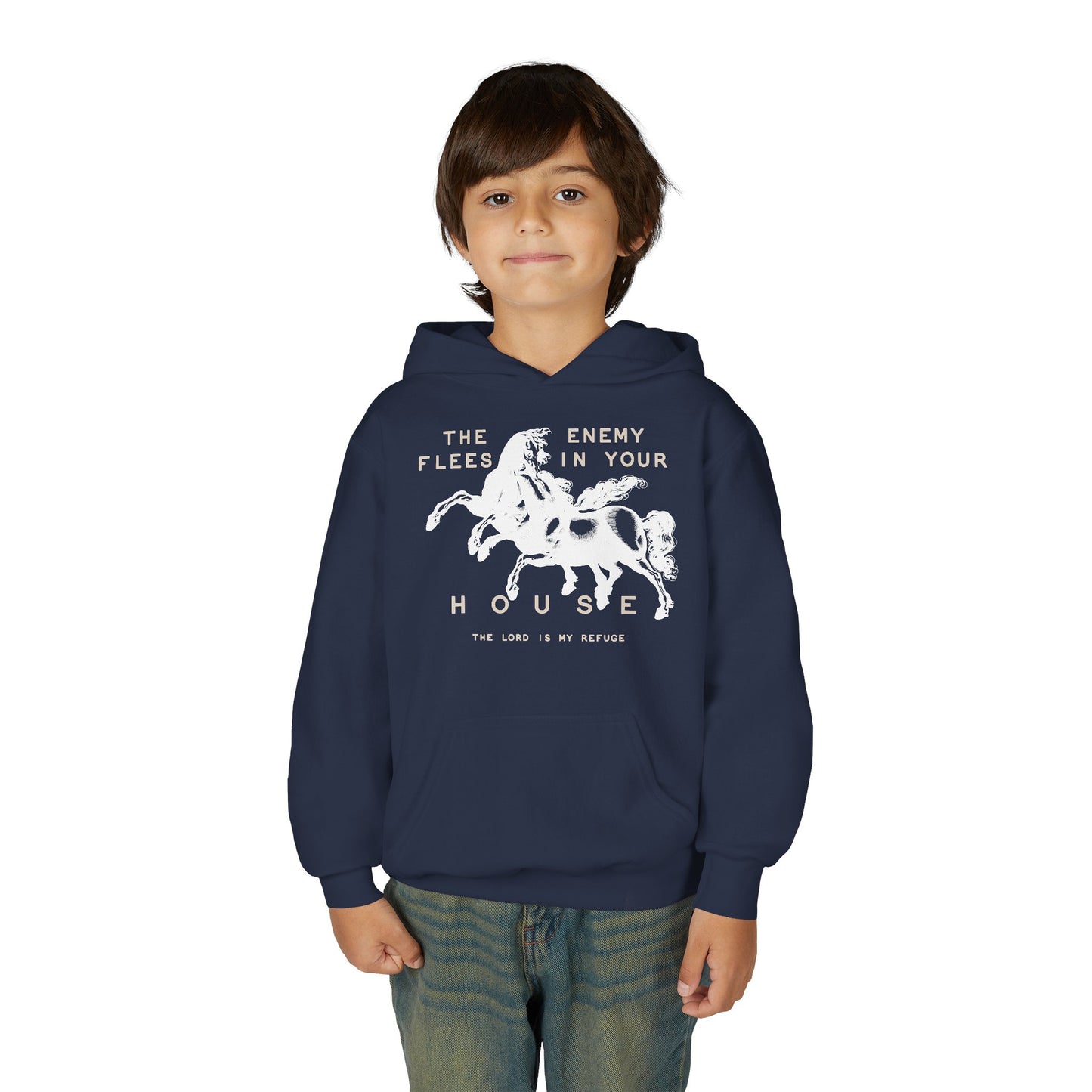 Youth Hoodie — "The Enemy Flees in Your House" Graphic Horse Pullover