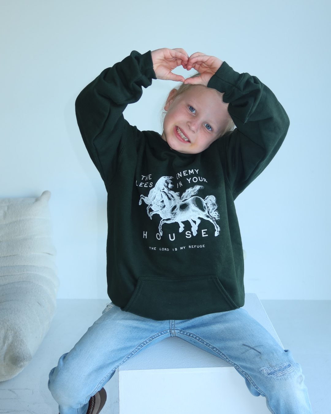 Youth Hoodie — "The Enemy Flees in Your House" Graphic Horse Pullover