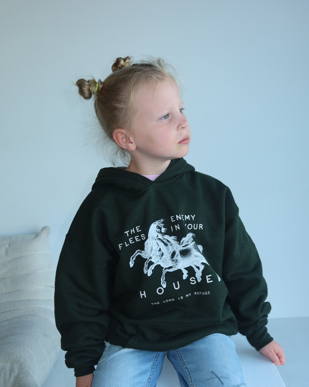Youth Hoodie — "The Enemy Flees in Your House" Graphic Horse Pullover