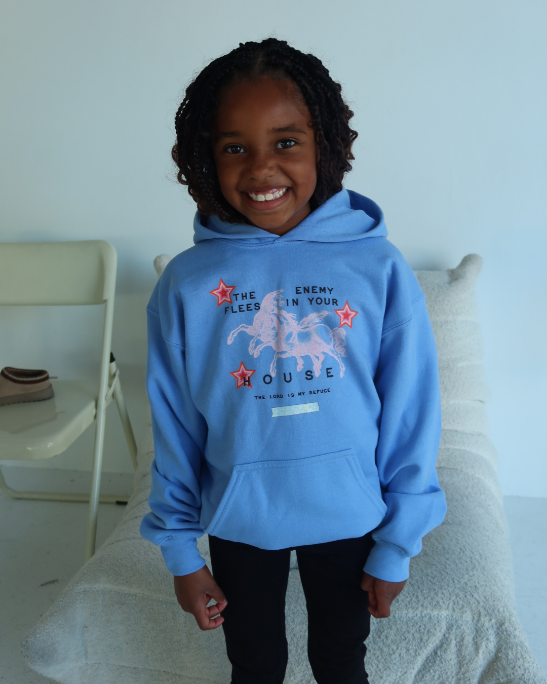Youth Hoodie - 'The Enemy Flees in Your House' Pink Cowboy Graphic