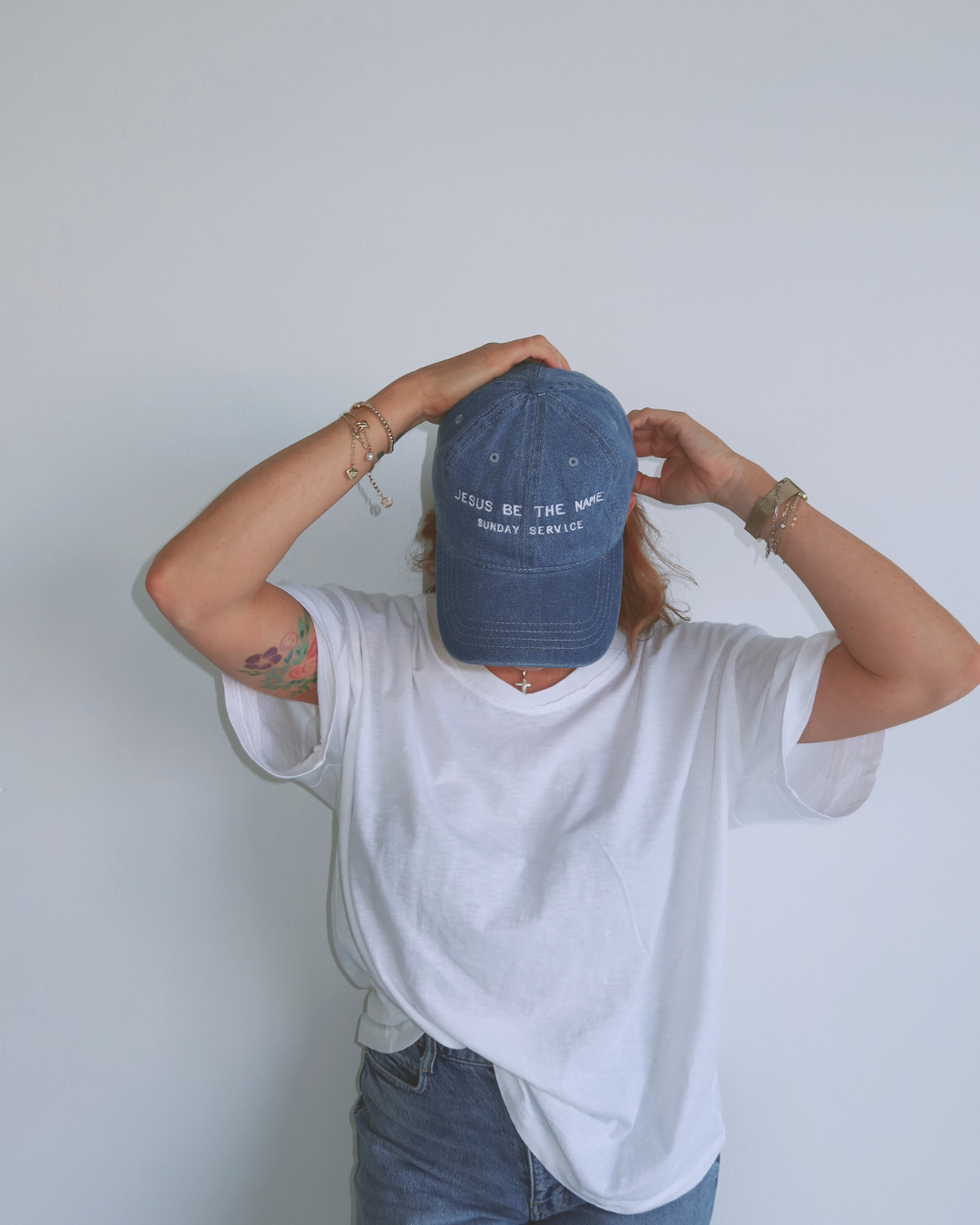 Embroidered Denim Hat — "Jesus Be The Name"