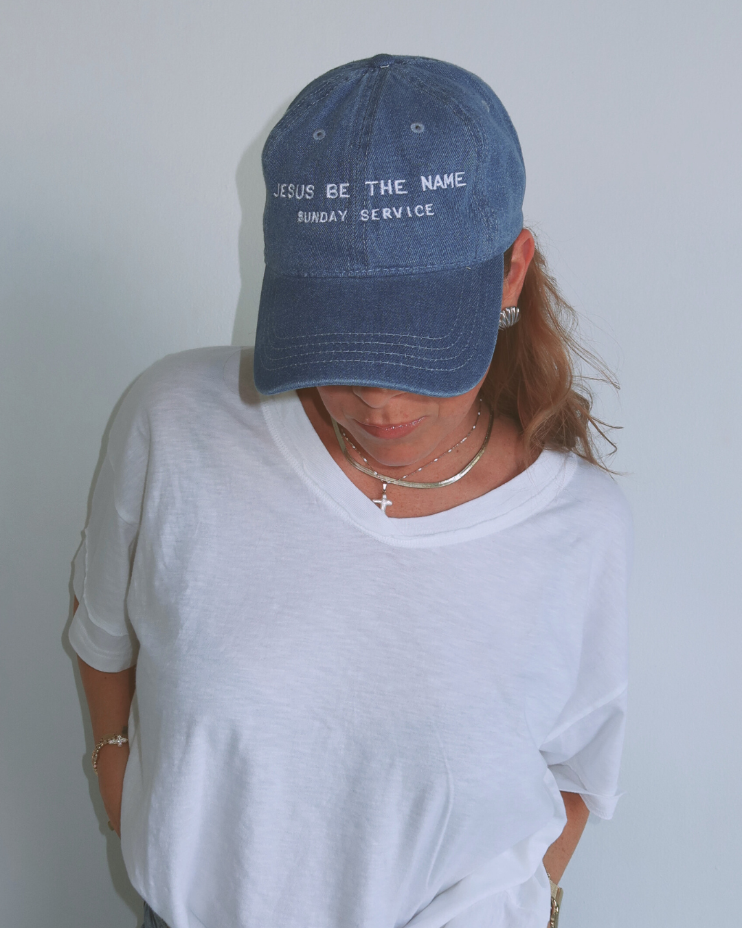 Embroidered Denim Hat — "Jesus Be The Name"