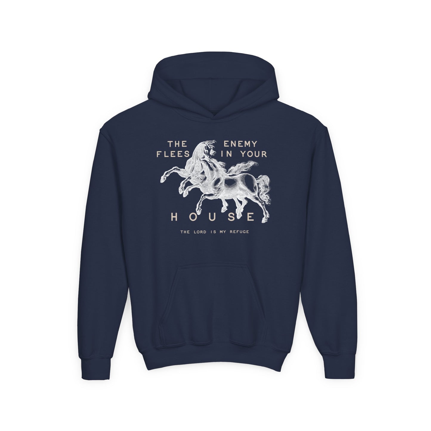 Youth Hoodie — "The Enemy Flees in Your House" Graphic Horse Pullover