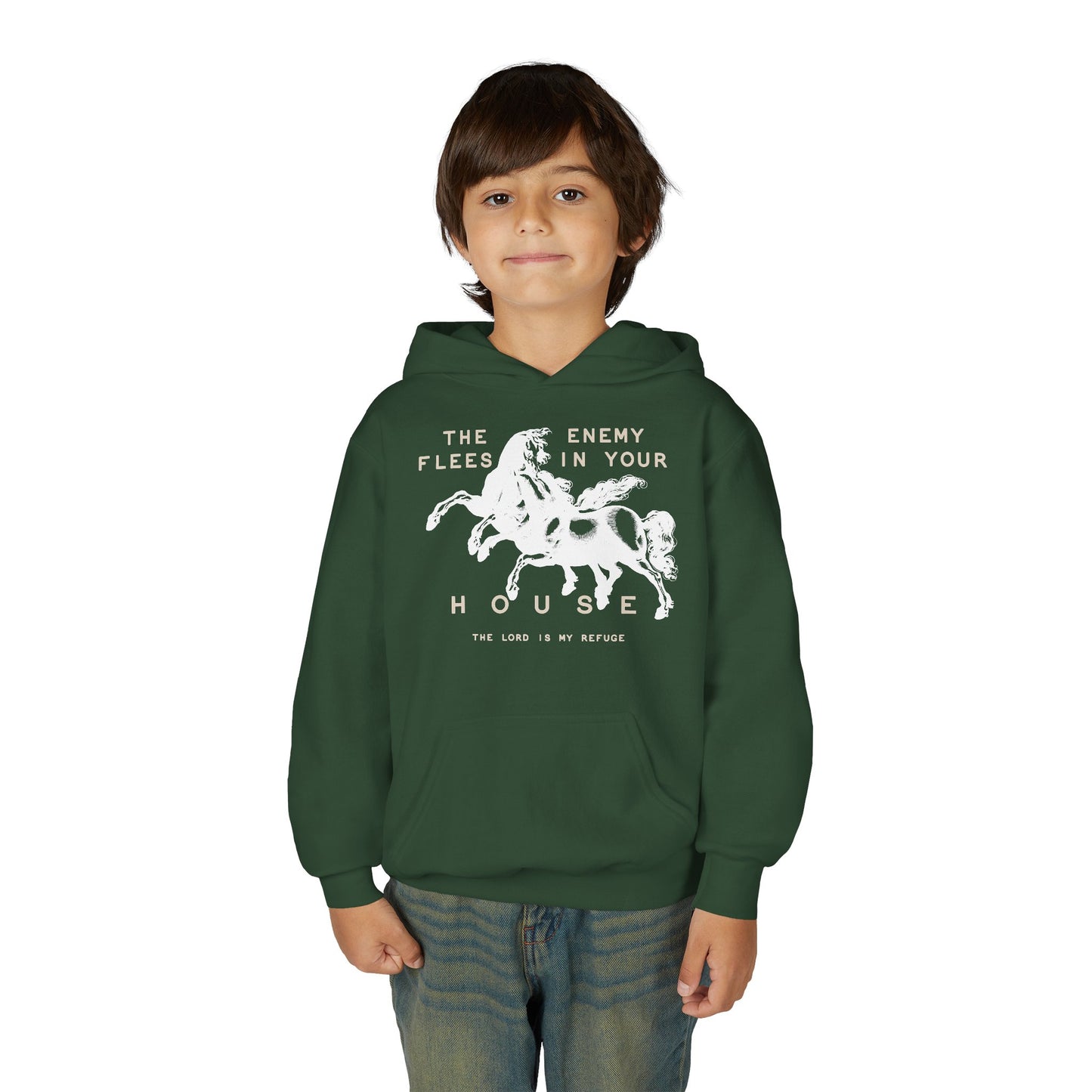 Youth Hoodie — "The Enemy Flees in Your House" Graphic Horse Pullover