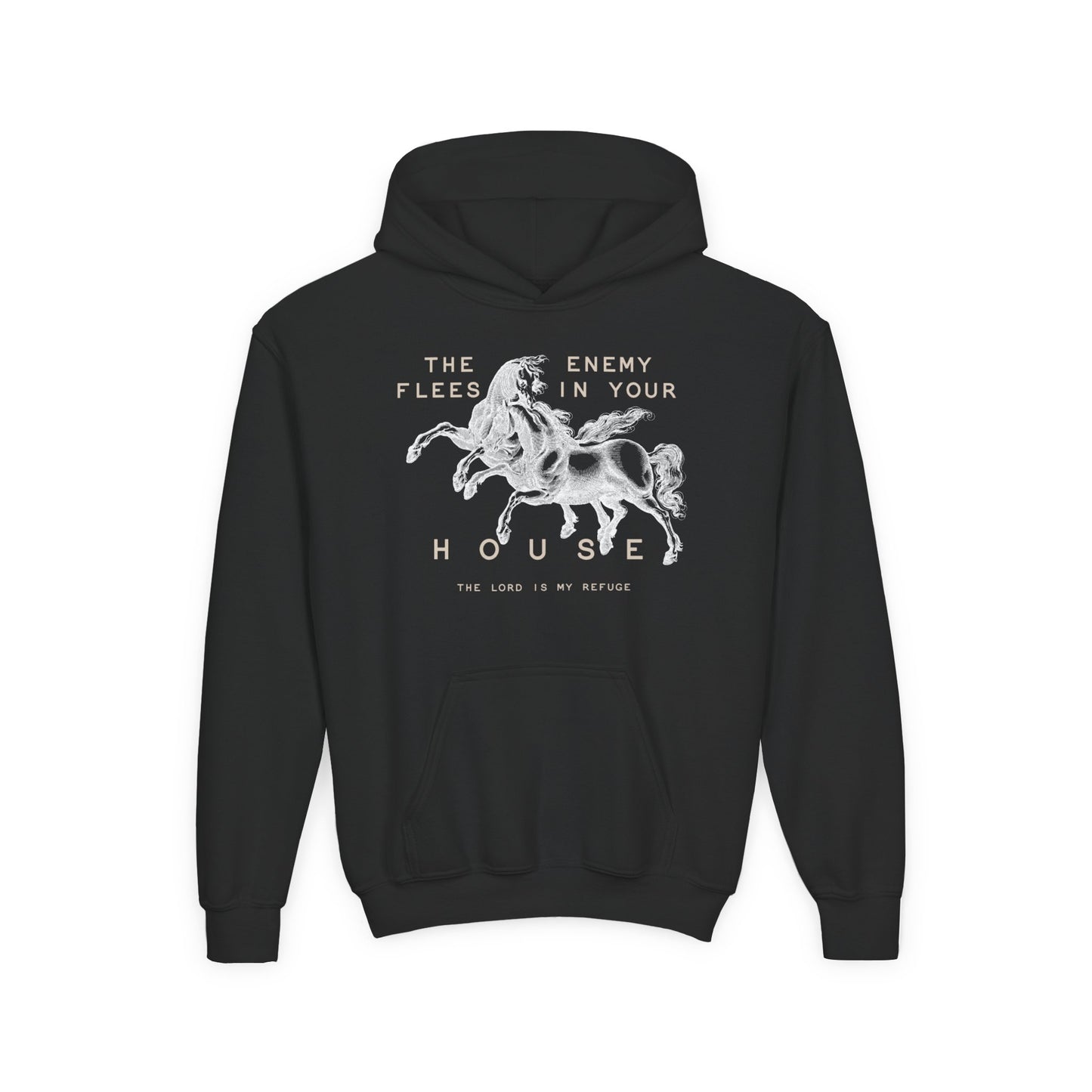 Youth Hoodie — "The Enemy Flees in Your House" Graphic Horse Pullover
