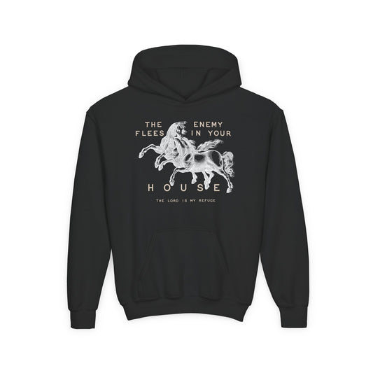 Youth Hoodie — "The Enemy Flees in Your House" Graphic Horse Pullover