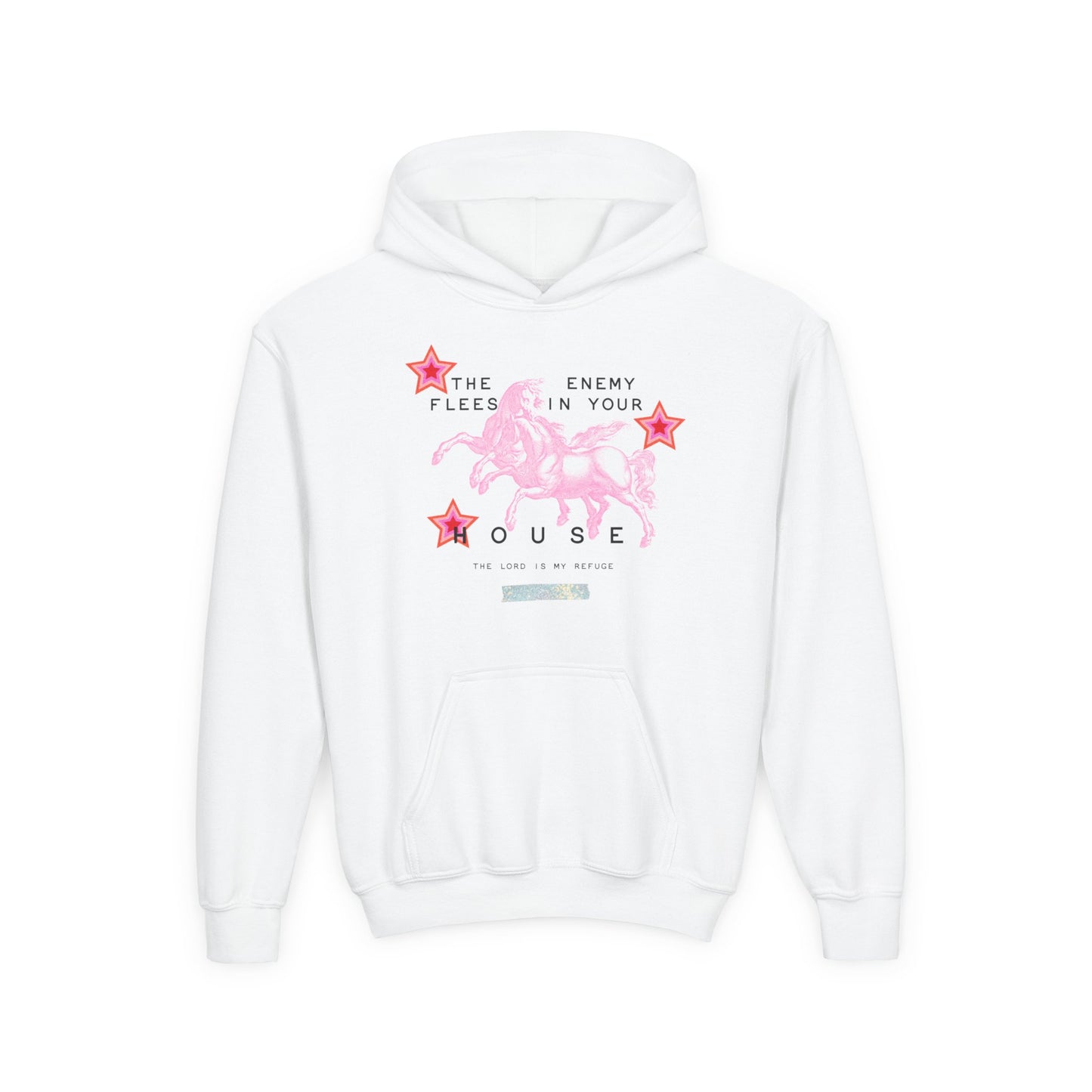 Youth Hoodie - 'The Enemy Flees in Your House' Pink Cowboy Graphic