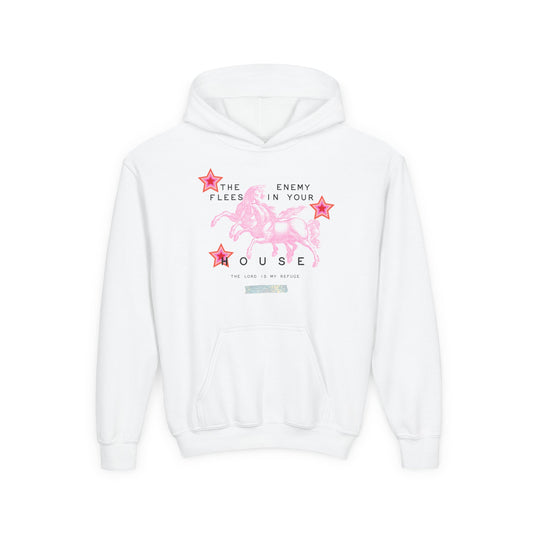 Youth Hoodie - 'The Enemy Flees in Your House' Pink Cowboy Graphic